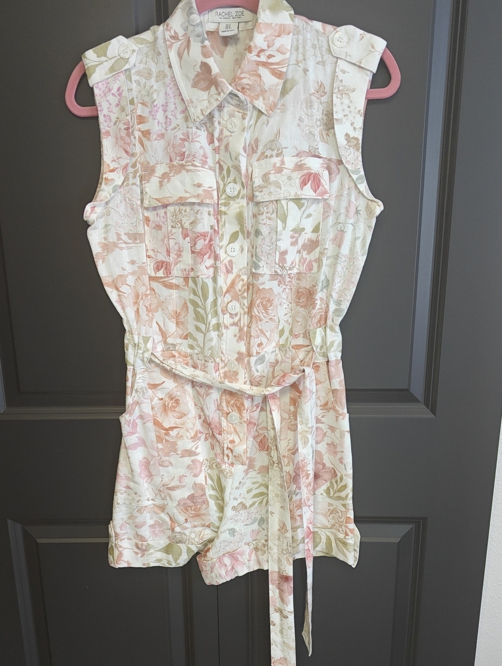 Rachel Zoe Floral Button-Front Tie-Waist Sleeveless Romper in Pink & Green